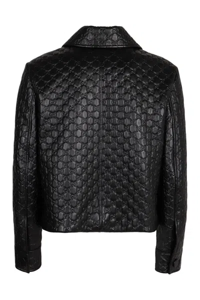 Gucci Collared Leather Jacket Featuring Quilted Texture In Black