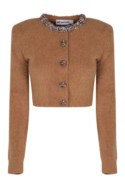Self-portrait Cardigan In Blend Of Alpaca Wool In Brown
