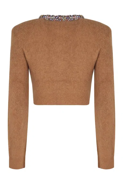 Self-portrait Cardigan In Blend Of Alpaca Wool In Brown