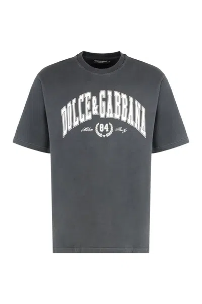 Dolce & Gabbana Men Dark Grey Crewneck T-shirt With Logo Lettering Print On The Front In Cotton Man In Blue