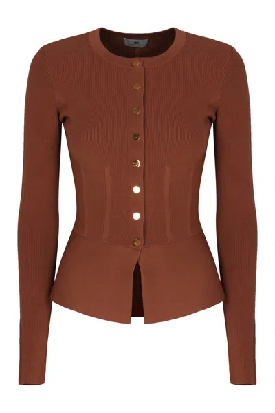 Elisabetta Franchi Ribbed Jewel-button Cardigan In Brown