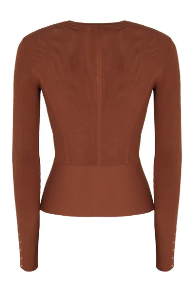 Elisabetta Franchi Ribbed Jewel-button Cardigan In Brown
