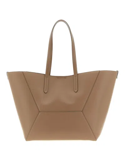 Brunello Cucinelli Beige Tote Bag With Logo Lettering On The Front And Geometric Panels Design In Leather Woman In Sand