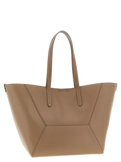 Brunello Cucinelli Beige Tote Bag With Logo Lettering On The Front And Geometric Panels Design In Leather Woman In Sand