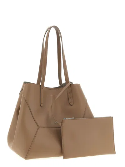 Brunello Cucinelli Beige Tote Bag With Logo Lettering On The Front And Geometric Panels Design In Leather Woman In Sand