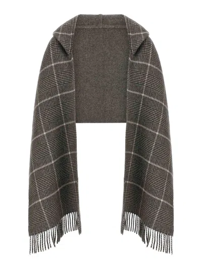 Brunello Cucinelli Checked Pattern Hooded Scarf With Fringed Edges In Gray