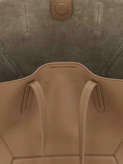 Brunello Cucinelli Beige Tote Bag With Logo Lettering On The Front And Geometric Panels Design In Leather Woman In Sand
