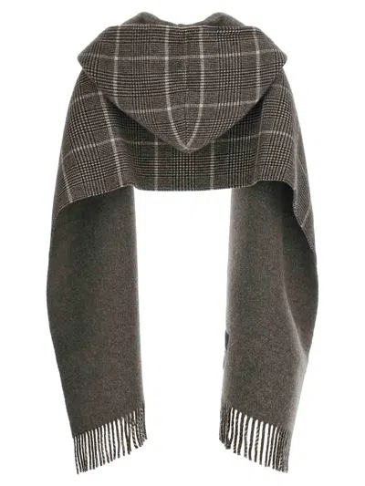 Brunello Cucinelli Checked Pattern Hooded Scarf With Fringed Edges In Gray
