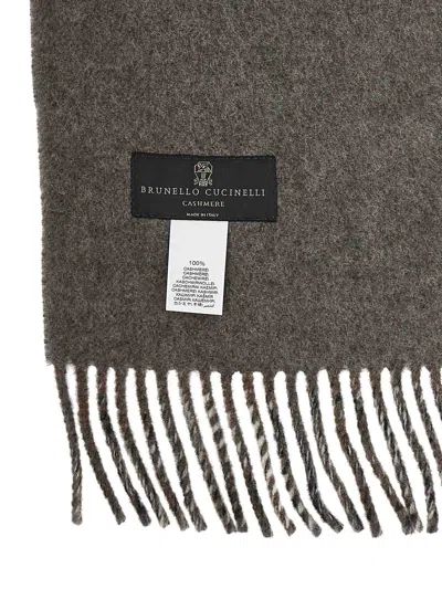 Brunello Cucinelli Checked Pattern Hooded Scarf With Fringed Edges In Gray