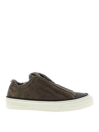 Brunello Cucinelli Luxe Suede Round Toe Sneakers In Gray