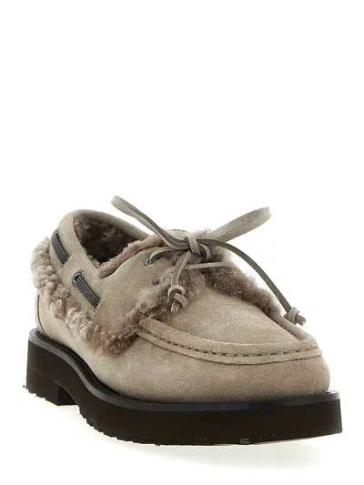 Brunello Cucinelli Luxe Fur Trim Loafers With Suede Finish In Gray