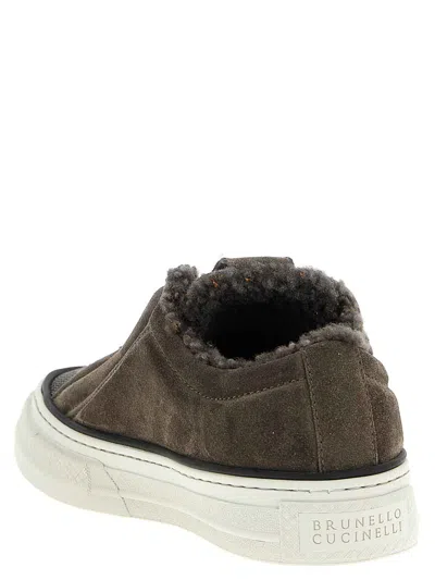 Brunello Cucinelli Luxe Suede Round Toe Sneakers In Gray
