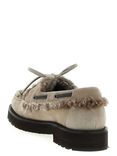 Brunello Cucinelli Luxe Fur Trim Loafers With Suede Finish In Gray