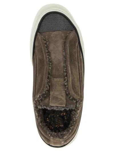 Brunello Cucinelli Luxe Suede Round Toe Sneakers In Gray