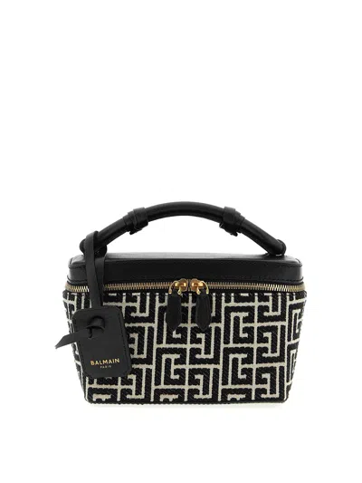 Balmain B-army Vanity Case In Monogrammed Canvas And Leather In Black