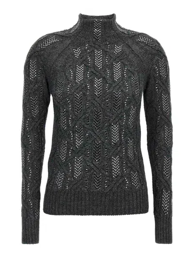 Ermanno Scervino Cable Knit Mock Neck Sweater With Ribbed Hem In Black
