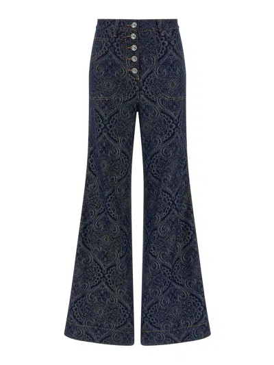Etro Flared Jacquard Denim Jeans With Pegaso Buttons In Blue