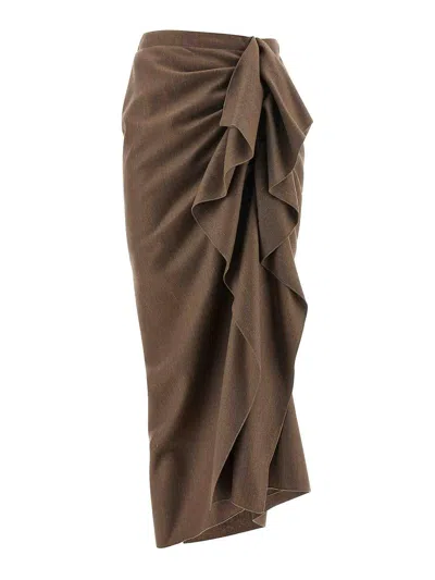 Fabiana Filippi Pinstriped Virgin Wool Midi Skirt With Draping In Brown
