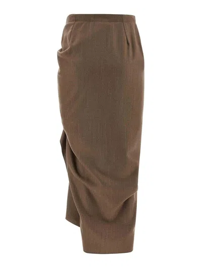 Fabiana Filippi Pinstriped Virgin Wool Midi Skirt With Draping In Brown