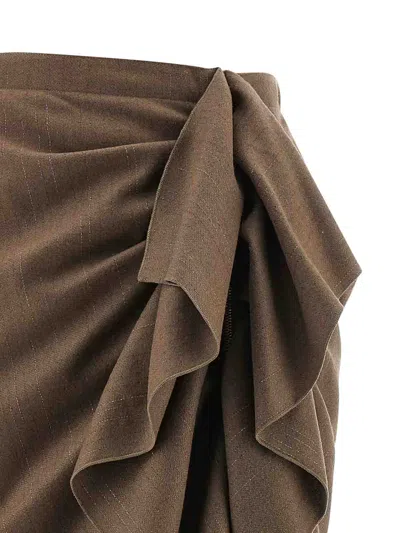 Fabiana Filippi Pinstriped Virgin Wool Midi Skirt With Draping In Brown