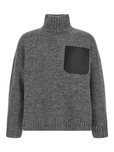 Jw Anderson Grey Sweater With High Neck And One Front Patch Leather Pocket In Wool Blend Man In Gray