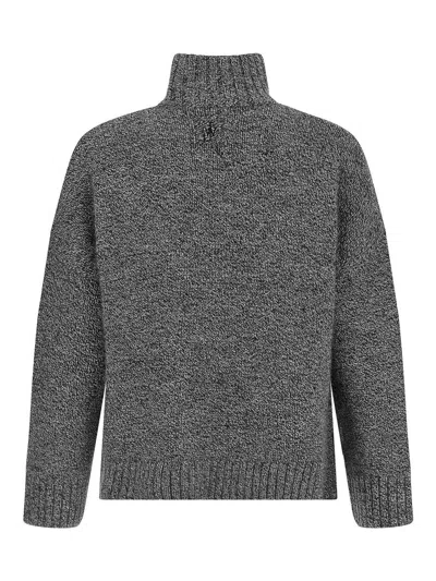 Jw Anderson Grey Sweater With High Neck And One Front Patch Leather Pocket In Wool Blend Man In Gray