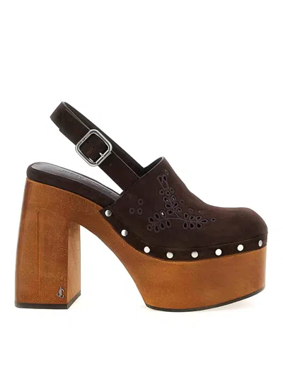 Jimmy Choo Alida 135 Embroidered Studded Suede Platform Clogs In Brown