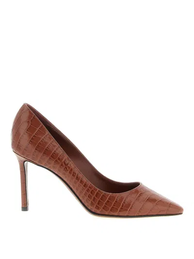 Jimmy Choo 85mm Romy Crocodile-effect Pointed-toe Pumps In Brown