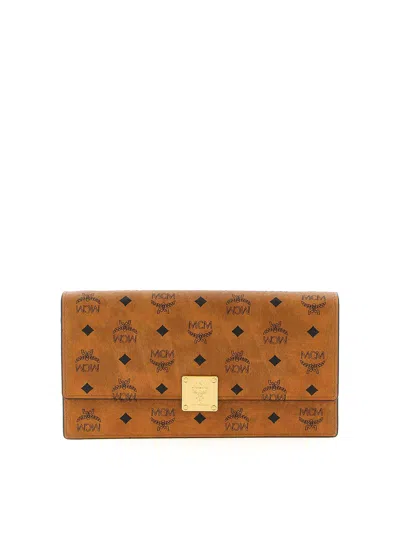 Mcm Large Wallet With Logo Shoulder Strap In Brown