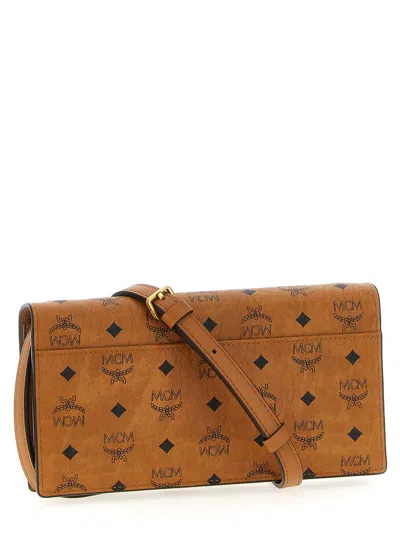 Mcm Large Wallet With Logo Shoulder Strap In Brown