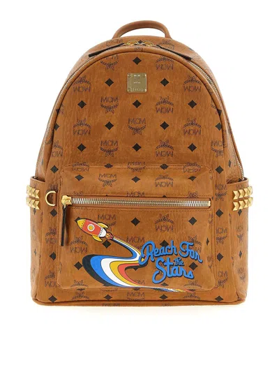 Mcm Small Medium Backpack With Front Pocket And Straps In Brown