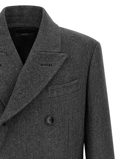 Tom Ford Mens Dark Grey Black Herringbone Double-breasted Wool Coat In Gray