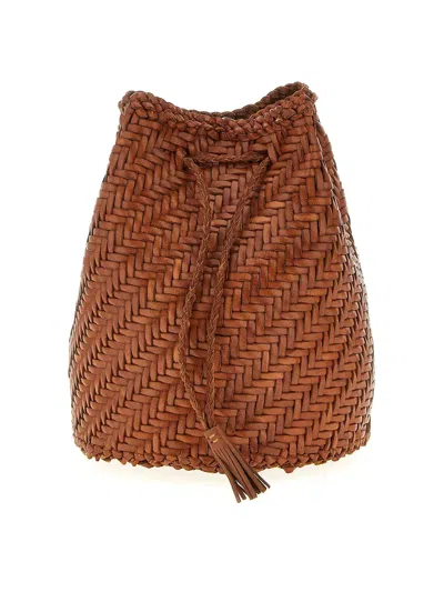 Dragon Diffusion Pompom Double Jump Leather Bucket Bag In Brown