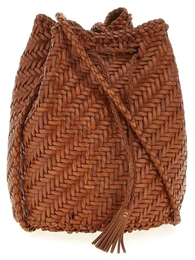 Dragon Diffusion Pompom Double Jump Leather Bucket Bag In Brown