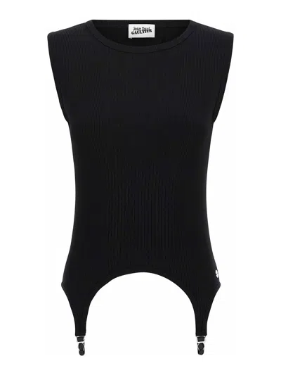 Jean Paul Gaultier Ribbed Cotton Lingerie Garter Top In Black