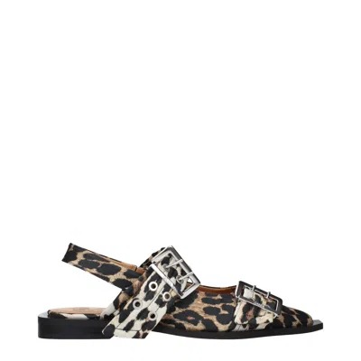 Ganni Leopard Satin Feminine Buckle Ballerinas In Brown