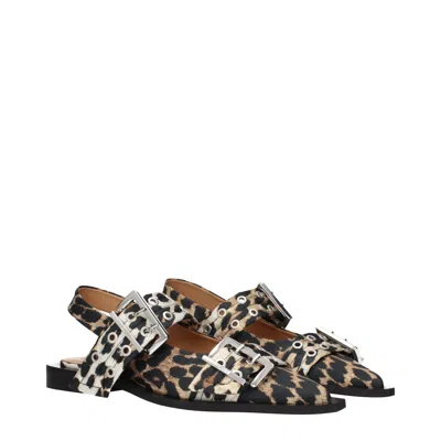 Ganni Leopard Satin Feminine Buckle Ballerinas In Brown