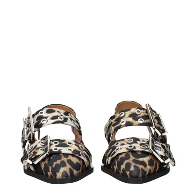 Ganni Leopard Satin Feminine Buckle Ballerinas In Brown