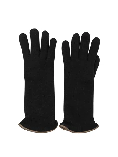 Restelli Cashmere Gloves With Ribbed Cuffs And Trim In Black