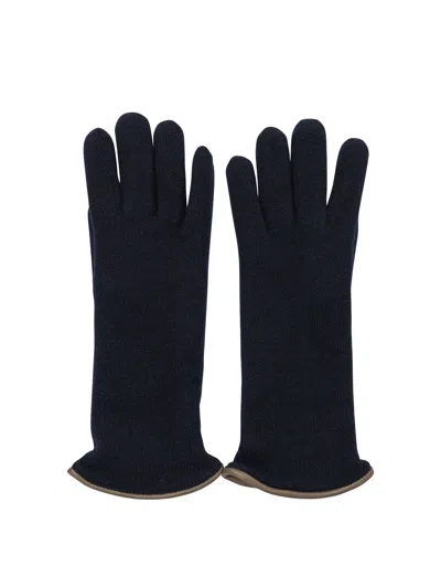 Restelli Cashmere Gloves With Ribbed Cuffs And Trim In Blue