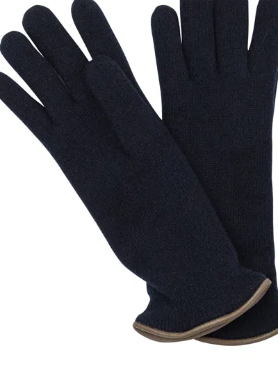 Restelli Cashmere Gloves With Ribbed Cuffs And Trim In Blue