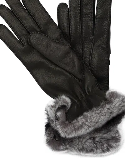 Restelli Leather Gloves With Fur Trim And Elastic Wrist In Black