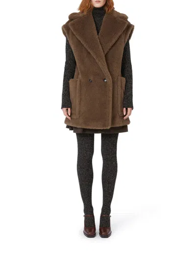 Max Mara Oversized Double-breasted Teddy Vest Coat In Brown
