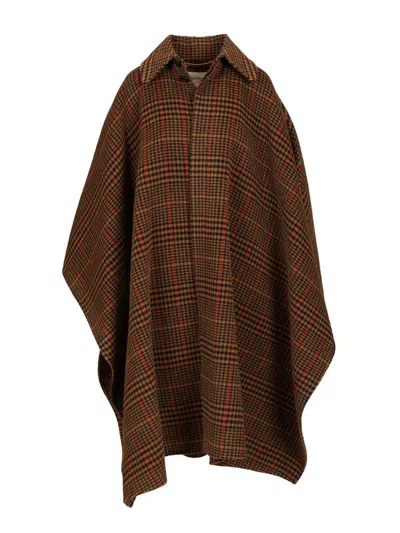 Saint Laurent Plaid Cape In Brushed Wool In Brown
