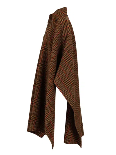 Saint Laurent Plaid Cape In Brushed Wool In Brown
