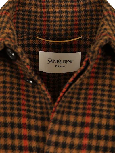 Saint Laurent Plaid Cape In Brushed Wool In Brown