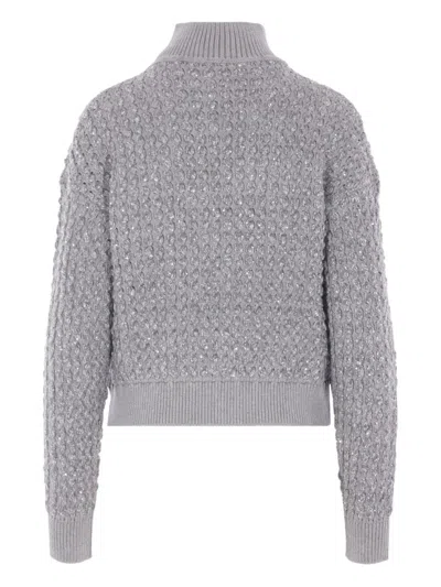 Elisabetta Franchi Cable Knit Tricot Sweater With Sequined Inserts And High Neck In Gray