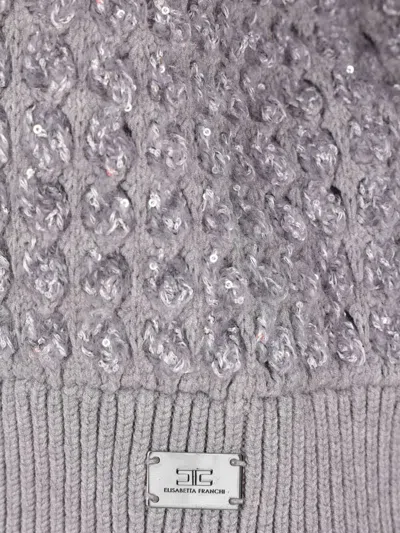 Elisabetta Franchi Cable Knit Tricot Sweater With Sequined Inserts And High Neck In Gray