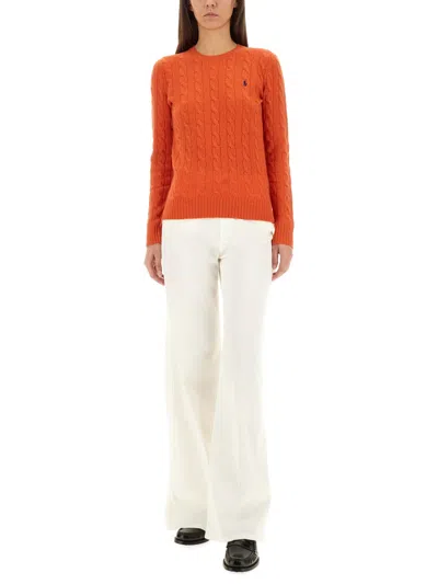 Polo Ralph Lauren Cable Knit Pullover With Ribbed Finish In Orange