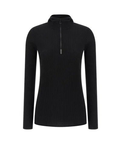 Brunello Cucinelli Knit Sweater Hood Ribbed Texture In Black